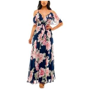 Premier Amour Short Slve Cold Shoulder Floral Maxi Dress Navy Blush